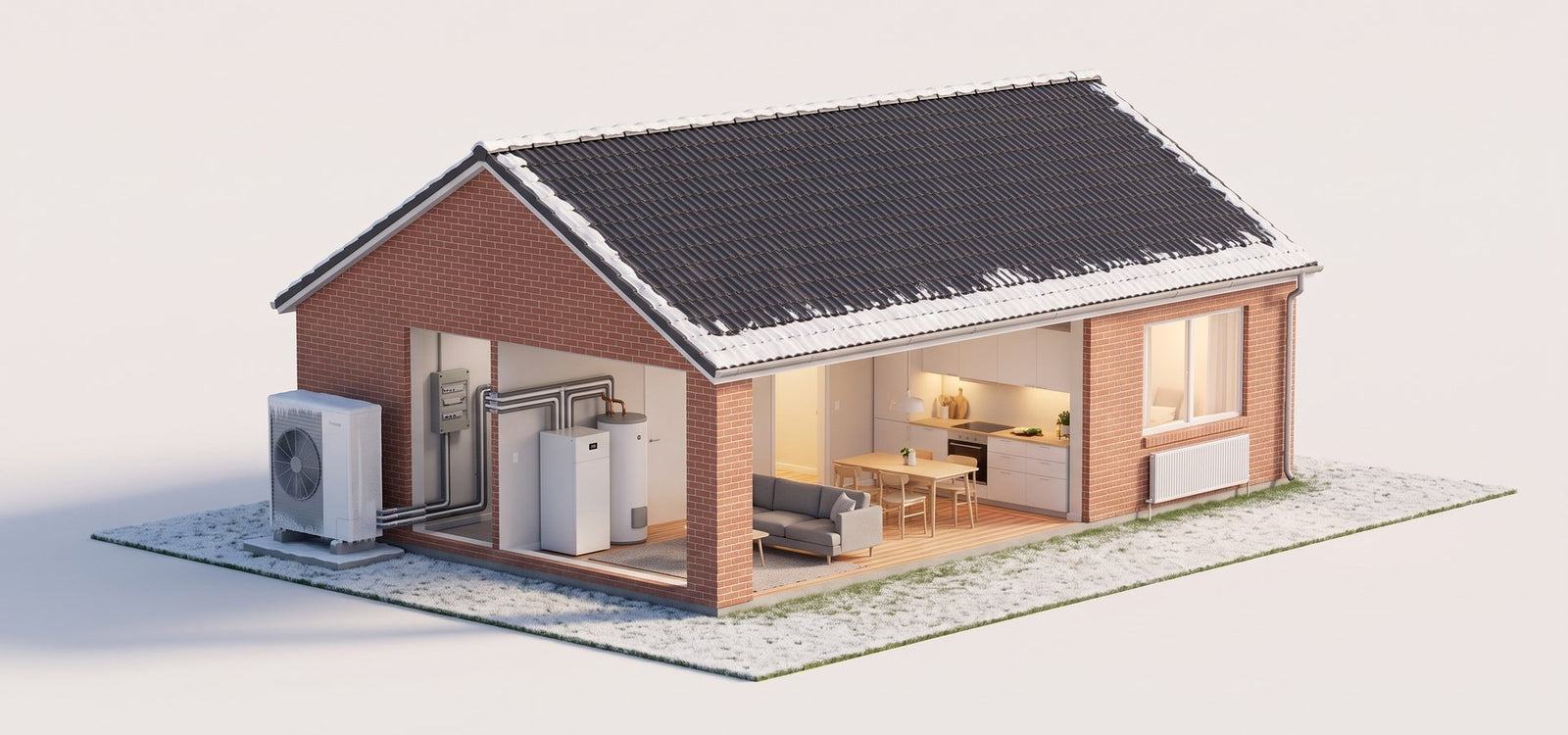 Illustration af et dansk hus om vinteren med en luft-til-vand varmepumpe udenfor og en indedel med varmtvandsbeholder i bryggerset